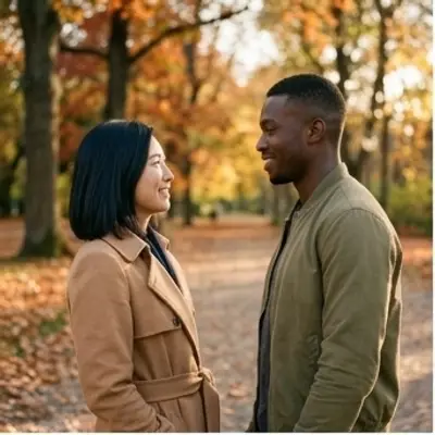 A woman with a dark bob in a camel coat and a man in an olive jacket stand in an autumn park, lean in and kiss