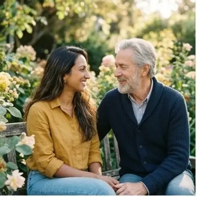 A woman in a mustard shirt and a grey-haired man on a garden bench share a coffee, then kiss