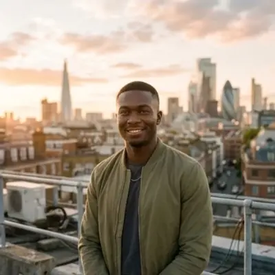 A man on a rooftop with a city skyline behind him lifts his phone and takes a selfie