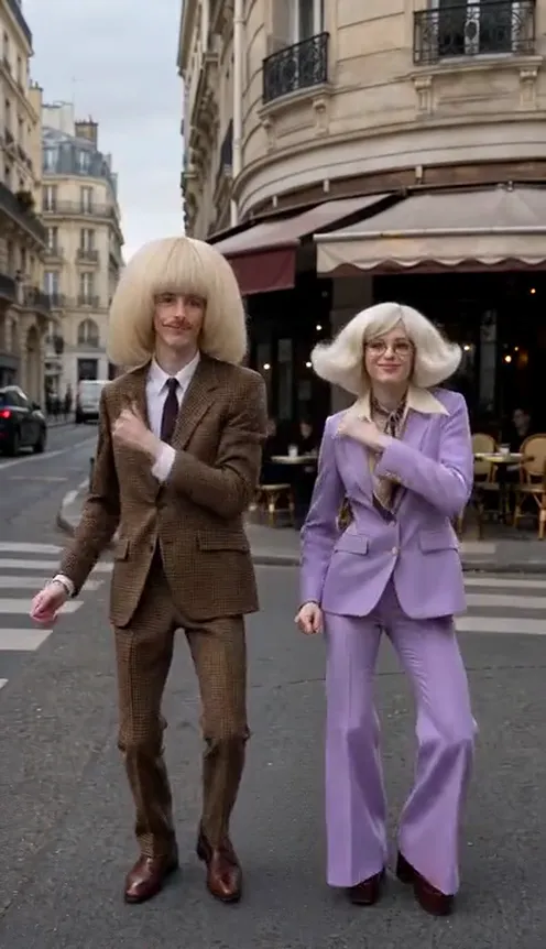 Two friends in vintage suits and big blonde wigs dance side by side outside a Paris café after the second one appears on the finger snap