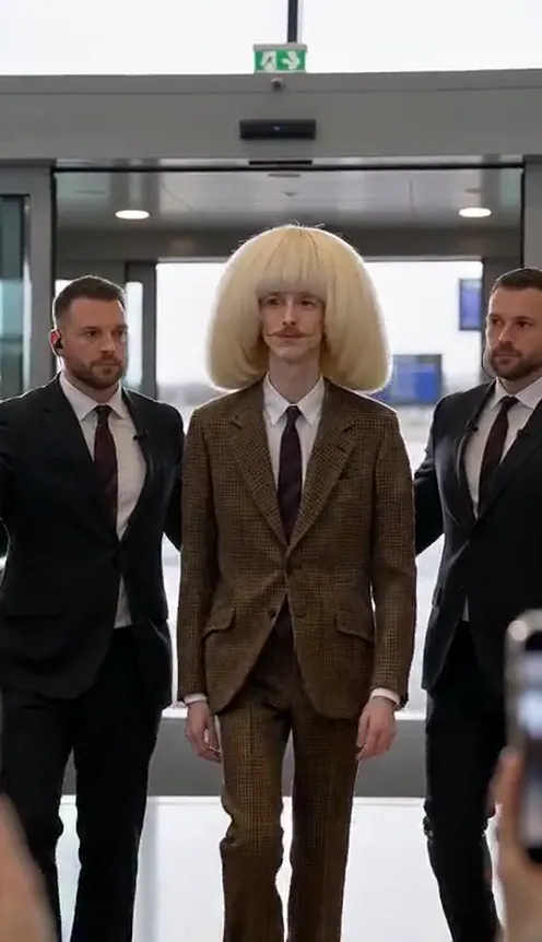 A person walks out of the airport arrivals doors toward the camera between two bodyguards in black suits as fans raise their phones and flashes go off