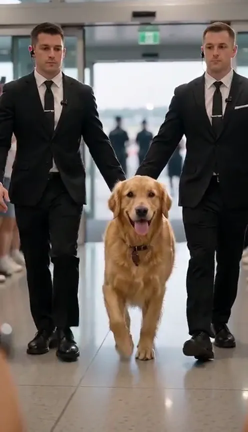 A dog trots toward the camera on all four paws between two bodyguards while fans behind the barricades film and cheer