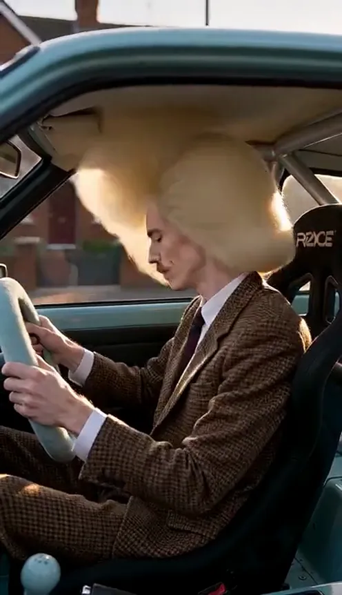 A man in a brown tweed suit head-banging behind a fluffy light-blue steering wheel in an old hatchback, a red-brick street outside