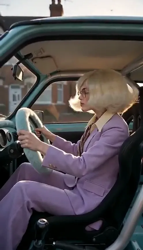 A woman in a lilac suit gripping a fluffy blue steering wheel in an old hatchback, head-banging to the bass drop