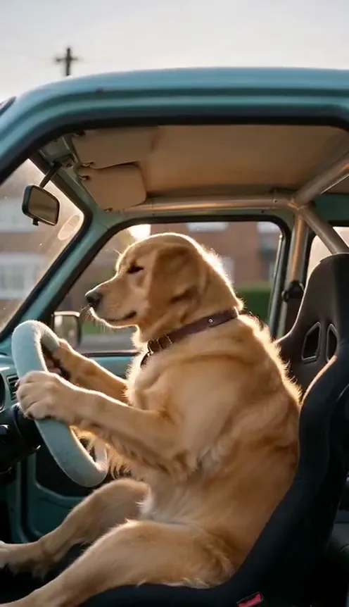 A golden retriever in the driver's seat of an old hatchback, paws on a fluffy blue steering wheel, bobbing its head to the beat