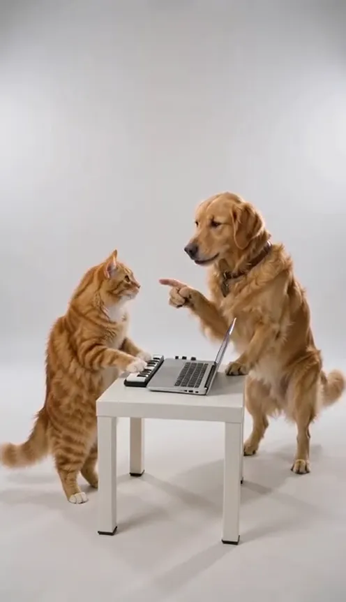 An orange tabby cat plays a mini MIDI keyboard at a white table while a golden retriever stands beside it pointing, in a white studio