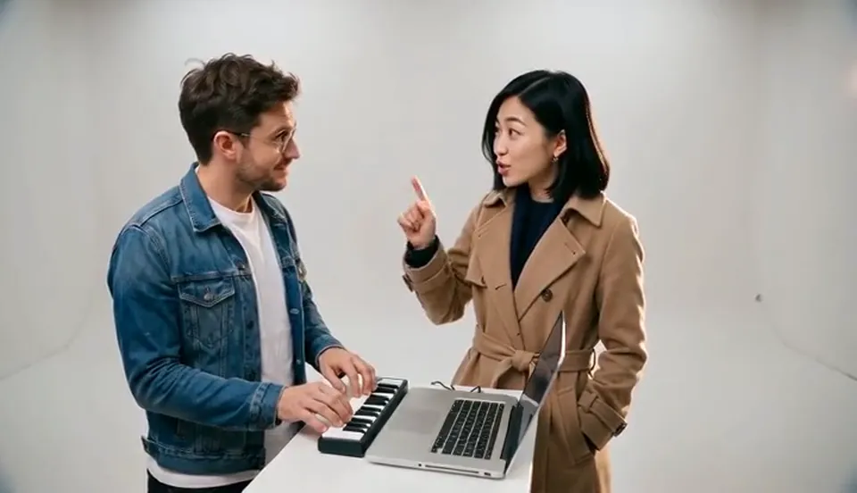 A man in a denim jacket plays a mini keyboard while a woman in a trench coat coaches him, both wearing their own clothes in a white studio