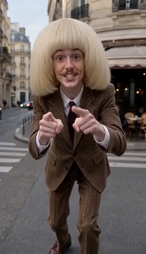 A person points at the camera and scolds it in a mock-angry dance