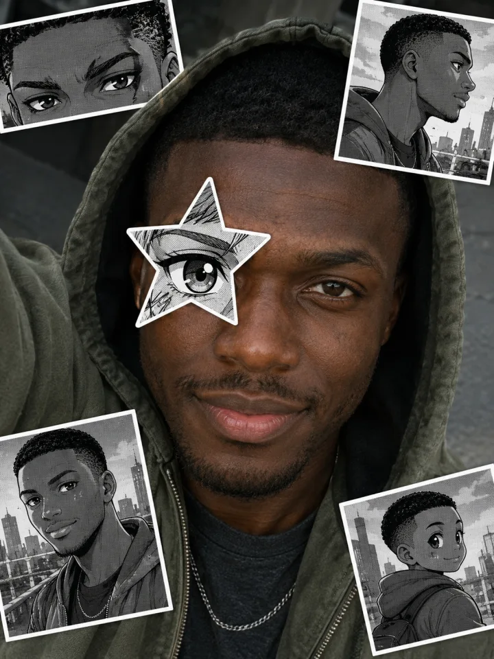 A man in a green hoodie with a black-and-white manga star eye sticker over one eye and four screentone manga stickers of his anime self
