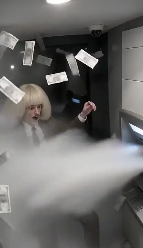 Security-camera view of a man in a brown suit blasted by cash from an ATM, ending up sitting in a pile of money laughing at the camera