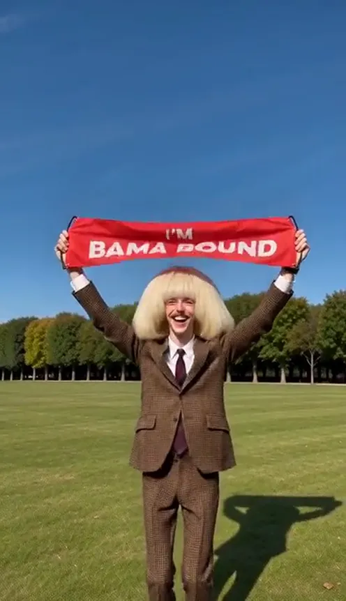 A man in a brown suit on a sunny grass field holds a red banner reading I'M BAMA BOUND above his head and smiles