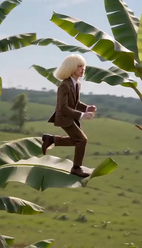 A man with a blonde bob in a brown suit sprints across the tops of giant banana leaves on a sunny hillside plantation