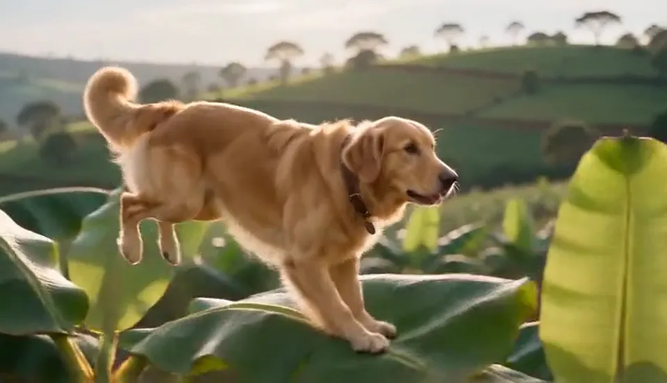 A golden retriever runs and leaps across the tops of banana trees in a wide plantation shot