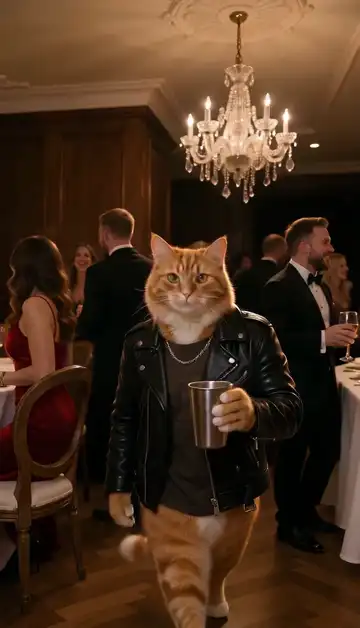 A ginger cat in a black leather jacket holds a silver cup and lays a paw flat above its eyes, scanning a chandelier-lit party