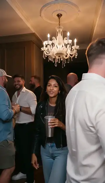A woman in a black leather jacket points straight at the camera while a crowd of guests cheers behind her under a chandelier