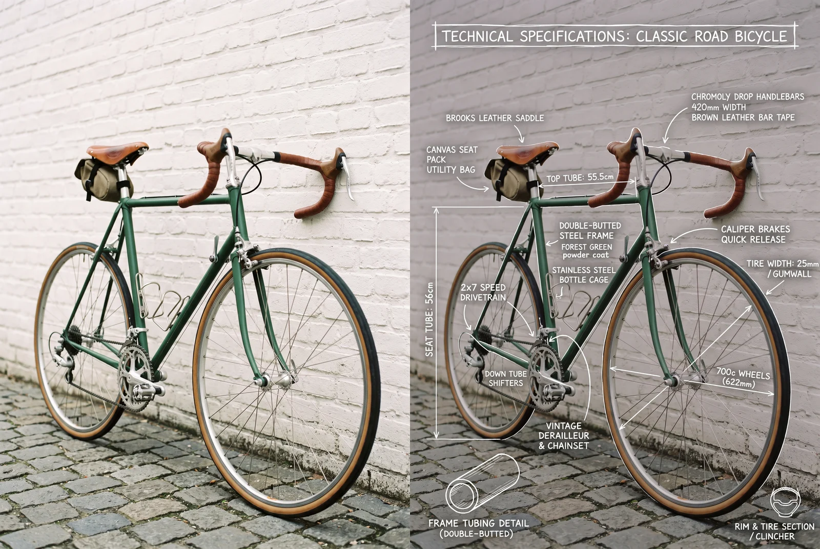 Left: a green vintage road bicycle against a white brick wall. Right: the same bicycle with labels for the frame, drivetrain, brakes, wheels and tire width