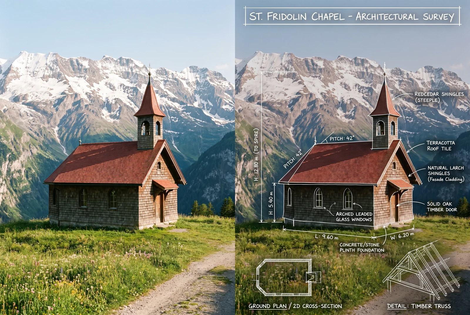 Left: a red-roofed wooden chapel on an alpine meadow. Right: the same photo with white blueprint lines, height and length dimensions, a ground plan and a timber truss detail drawn over it