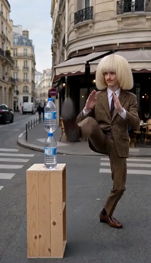 A person kicks two stacked water bottles off a crate and hops away holding their foot