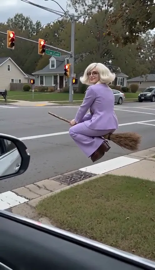 A rider sitting side-saddle on a wooden broom hovers over a zebra crossing next to a car stopped at a red light