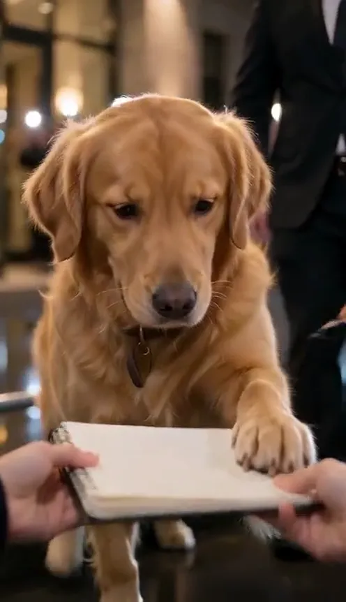 A pet walks out of a hotel at night upright on its hind legs and signs a fan's notebook with a marker in its paw
