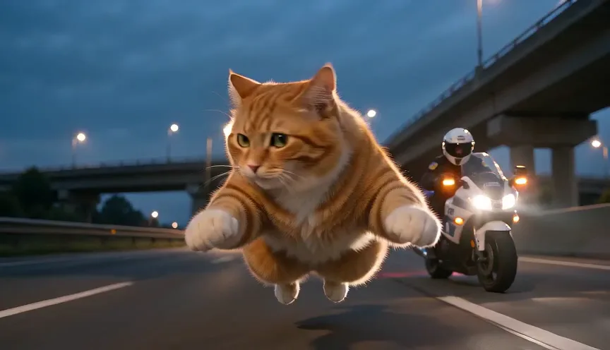 A ginger cat squats in mid-air under a highway overpass with both front paws stretched forward while a police motorbike closes in behind