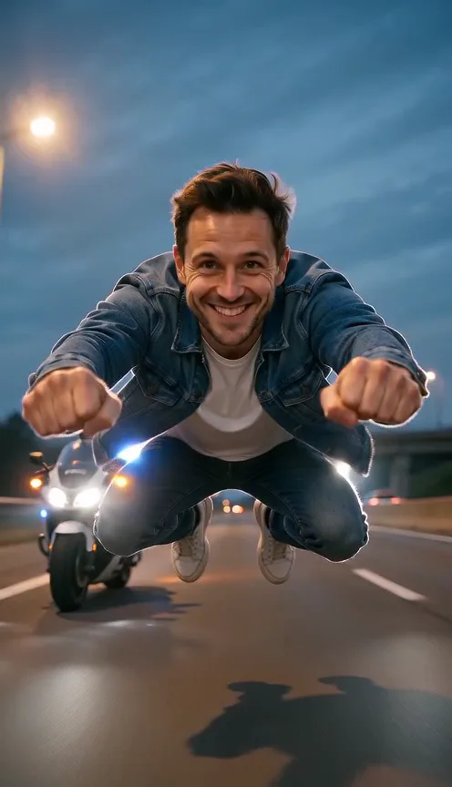 A man in a denim jacket floats above a highway in a deep squat with both fists stretched toward the camera, a police motorbike headlight behind him