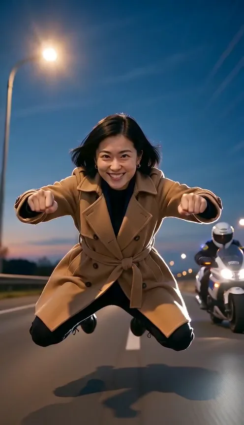 A woman in a camel coat floats down a dusk highway in the Crazy Frog squat with her fists forward and a smile on her face