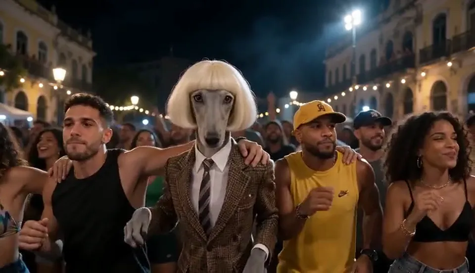 Another dancer grooves in the front row of the baile charme crowd under bright floodlights