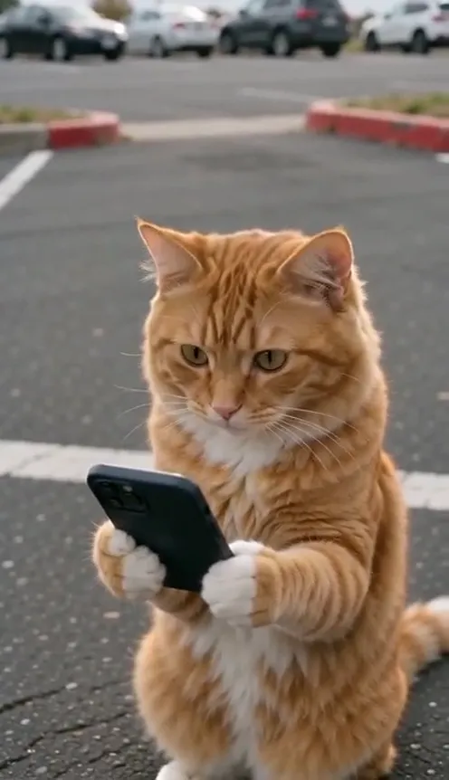 A pet stands on its hind legs in a parking lot, phone in its paws, staring into the camera after hearing "Get a job"