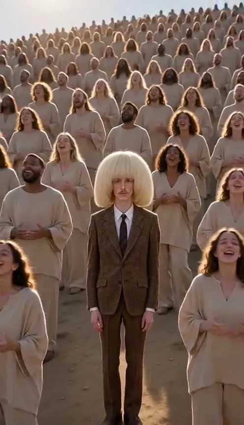 A person stands still in the middle of a huge choir in beige robes on a sunny hillside