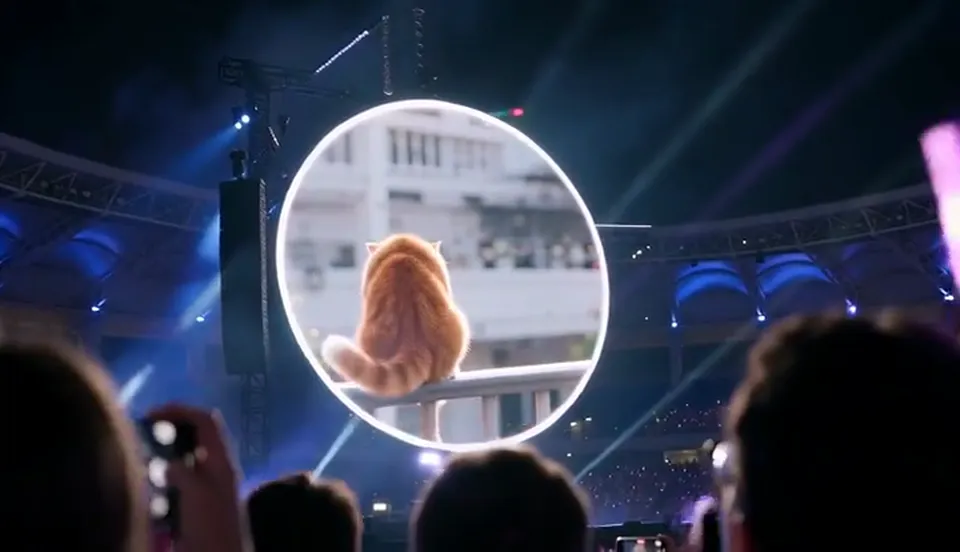 A cat and a golden retriever on a stadium jumbotron at night; the dog ducks behind the railing and the cat turns away hiding its face