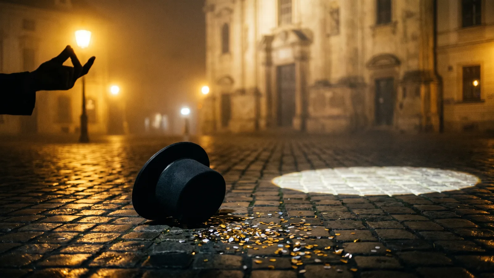 A magician's top hat and scattered sequins on a night-time cobblestone square, a silhouetted hand snapping its fingers and an empty spotlight beside it
