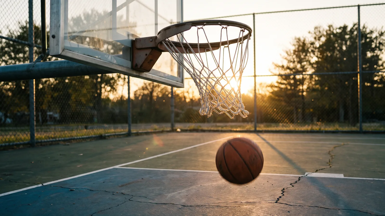 Low-angle view under an outdoor basketball hoop at golden hour, the net swinging up and a ball bouncing below on an empty court