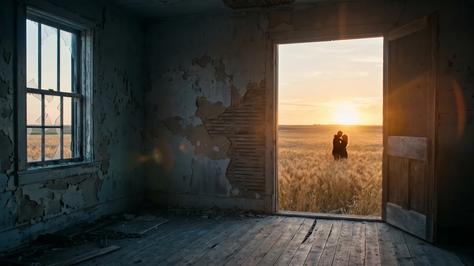 A cold, abandoned farmhouse room whose open doorway looks out on a golden wheat field at sunset, where two silhouettes embrace