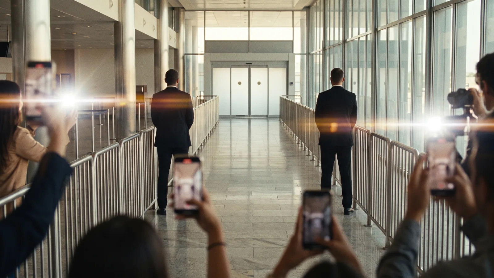 An empty airport arrivals walkway between metal barricades, raised phones firing flashes in the foreground and two bodyguards in black suits seen from behind waiting by the glass doors