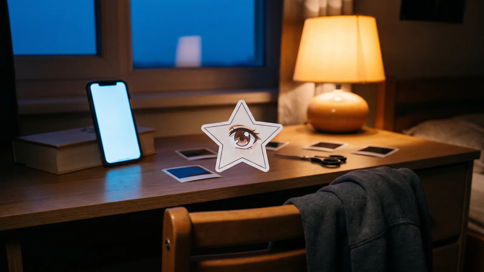 A star-shaped paper sticker with a drawn anime eye standing on a dusk-lit desk in front of a phone propped up in selfie mode, next to scissors and blank photo stickers