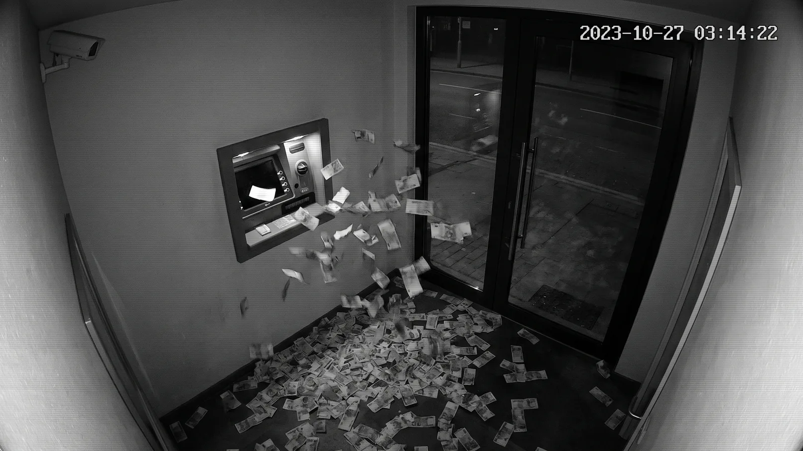 Grainy black-and-white security-camera still of an empty ATM booth at night, banknotes exploding out of the machine and covering the floor