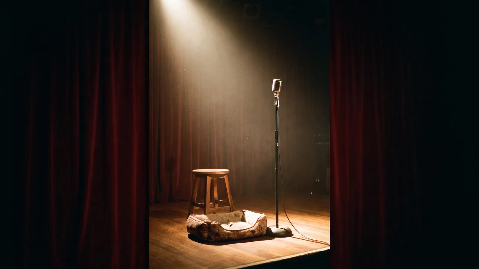A vintage microphone under a single warm spotlight on a dark stage, beside a low stool with an empty pet cushion on it, as if the spot is reserved for a pet about to start arguing into the mic