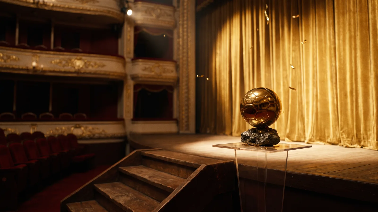A golden football trophy on an empty spotlit theatre stage with golden curtains and confetti, waiting for the winner