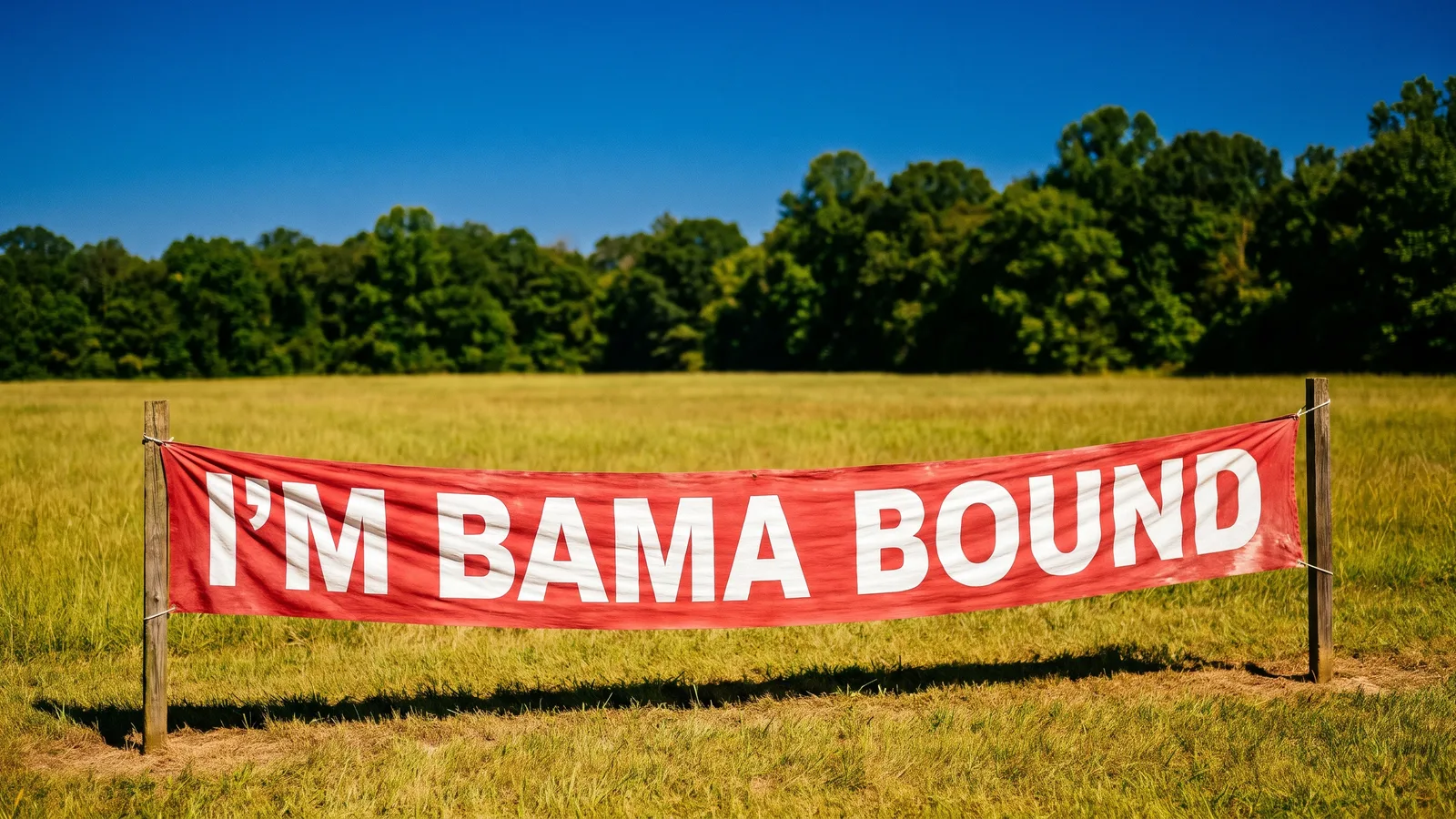 A red I'M BAMA BOUND banner on two poles in an empty sunny grass field under a deep blue sky