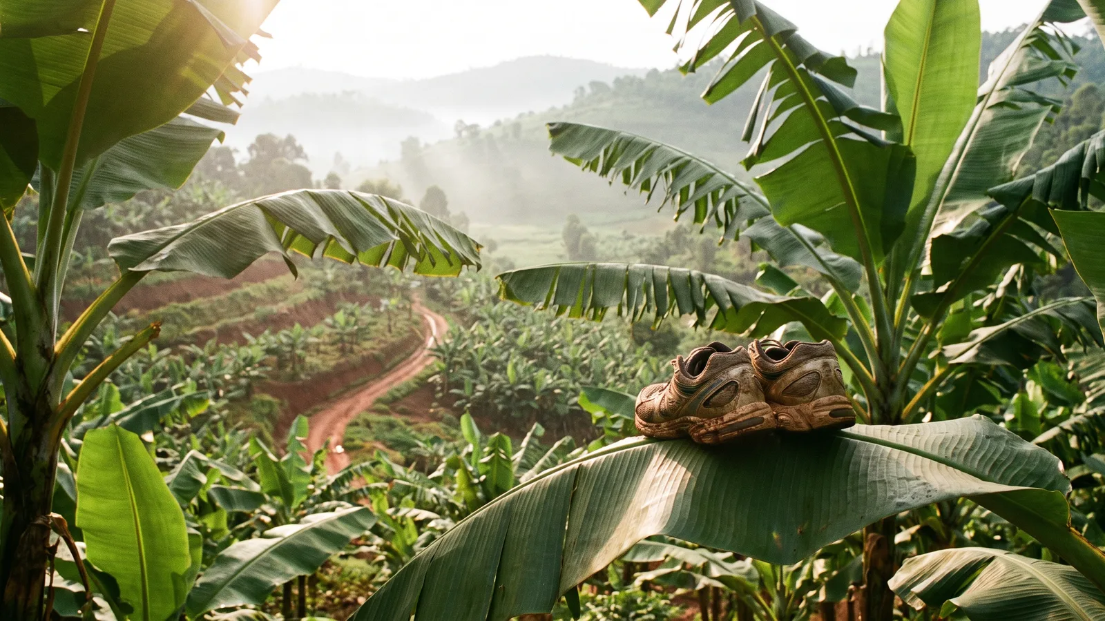 A pair of running shoes resting on top of a giant banana leaf above a sunny hillside banana plantation with a red-earth path below