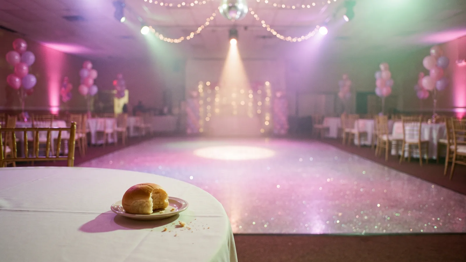 An empty quinceañera banquet hall glowing with pink and violet party lights, a spotlight on the dance floor and a bitten bread roll on a white-clothed table, waiting for the Bby Wow guy
