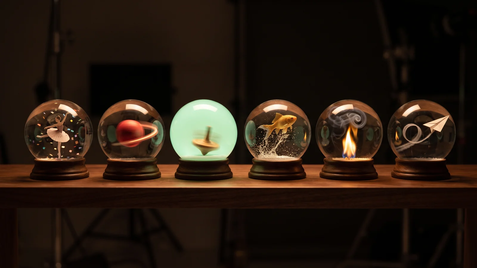 Six glass snow globes in a row, each holding a tiny scene caught in motion, the middle one glowing green