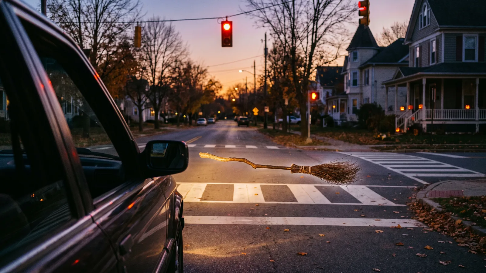 An empty old wooden broom floating above a zebra crossing at a suburban red light at dusk, seen through a car's passenger window, pumpkins glowing on porches behind