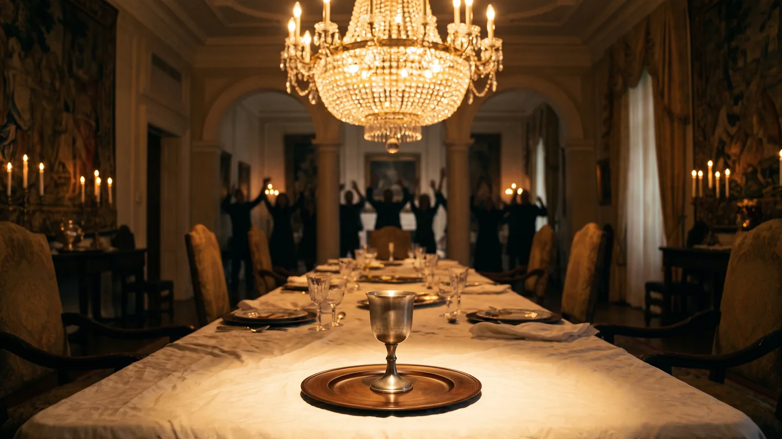 A long white dinner table under a glowing crystal chandelier, with a single silver cup set at the empty host's seat and a blurred crowd celebrating in the background