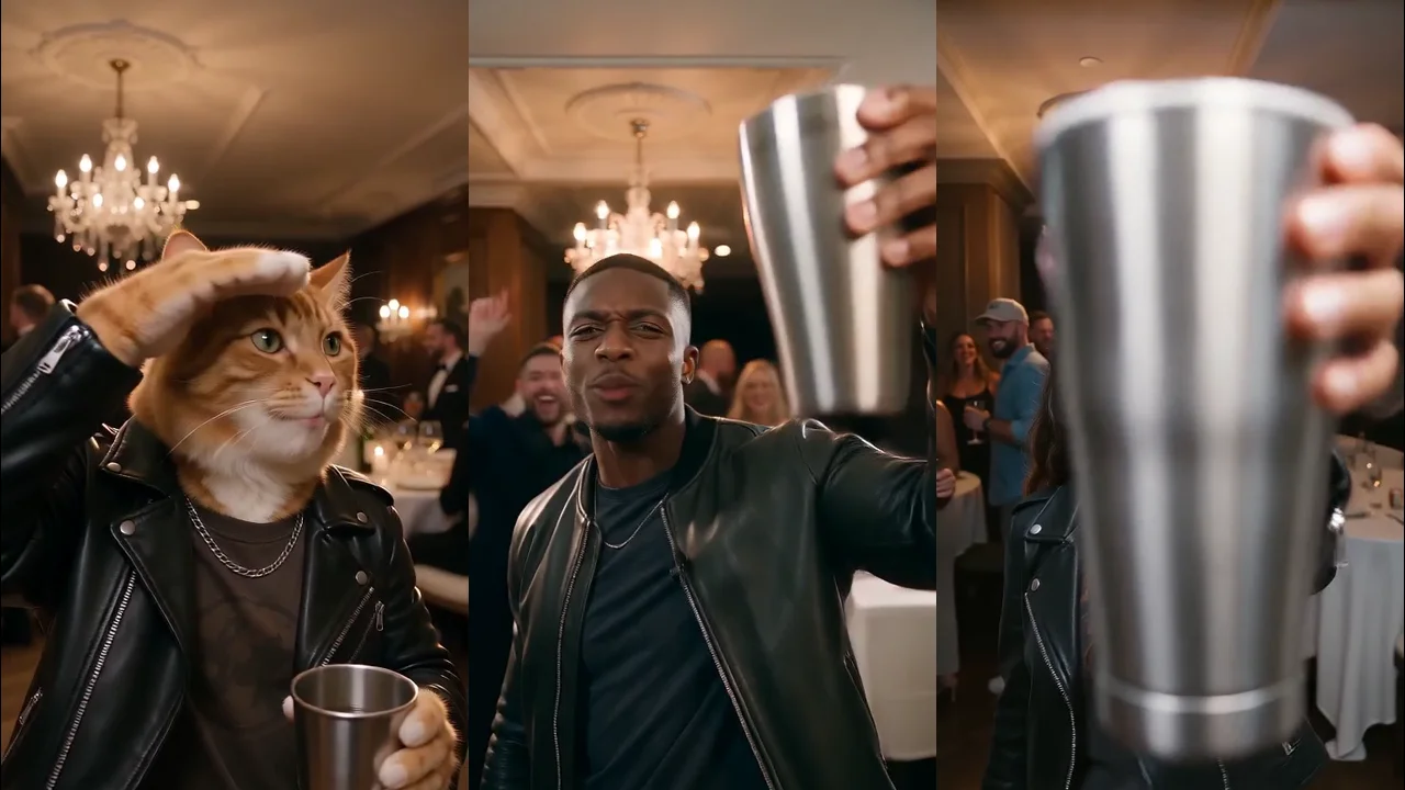 Three AI versions of the Burning Bridges party scene side by side: a ginger cat scanning the room with a paw over its eyes, a man raising a silver cup and a woman pointing at the camera under a chandelier