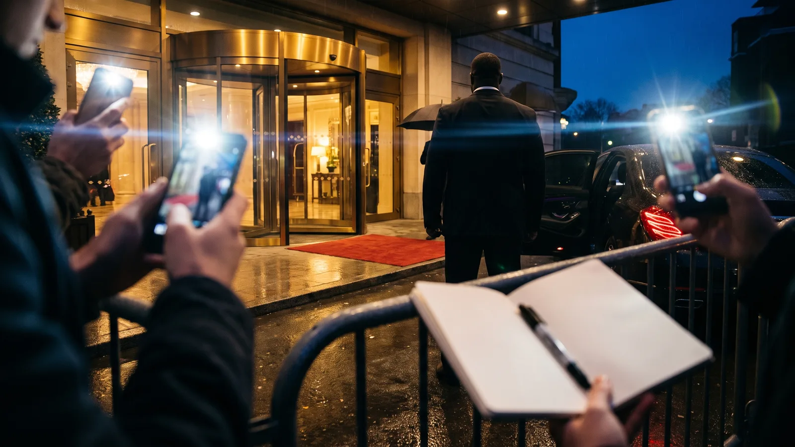 A blank autograph notebook and a black marker held up over a metal crowd barrier outside a hotel at night, phone flashes going off and an empty red carpet leading to the glowing revolving doors