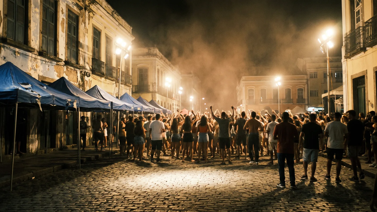 A packed night-time street party in an old colonial square with floodlights and blue tents, the crowd in soft blur and one empty lit spot in the centre of the front row