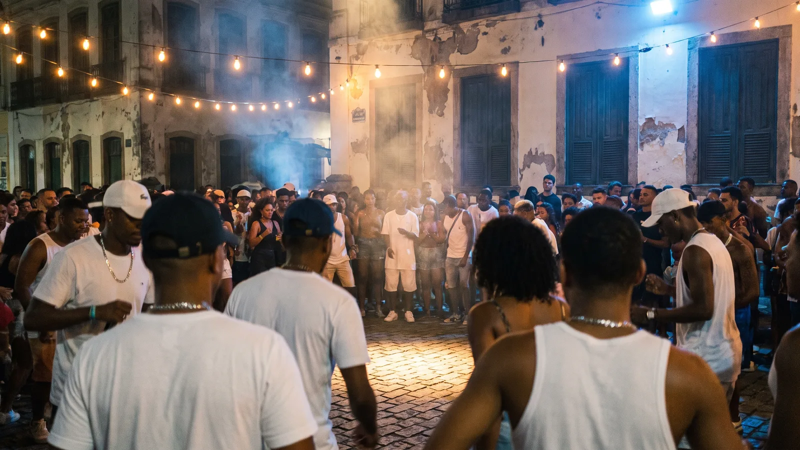 Inside a packed night-time baile charme crowd under string lights in an old Rio square, dancers grooving shoulder to shoulder with one empty lit gap in the front