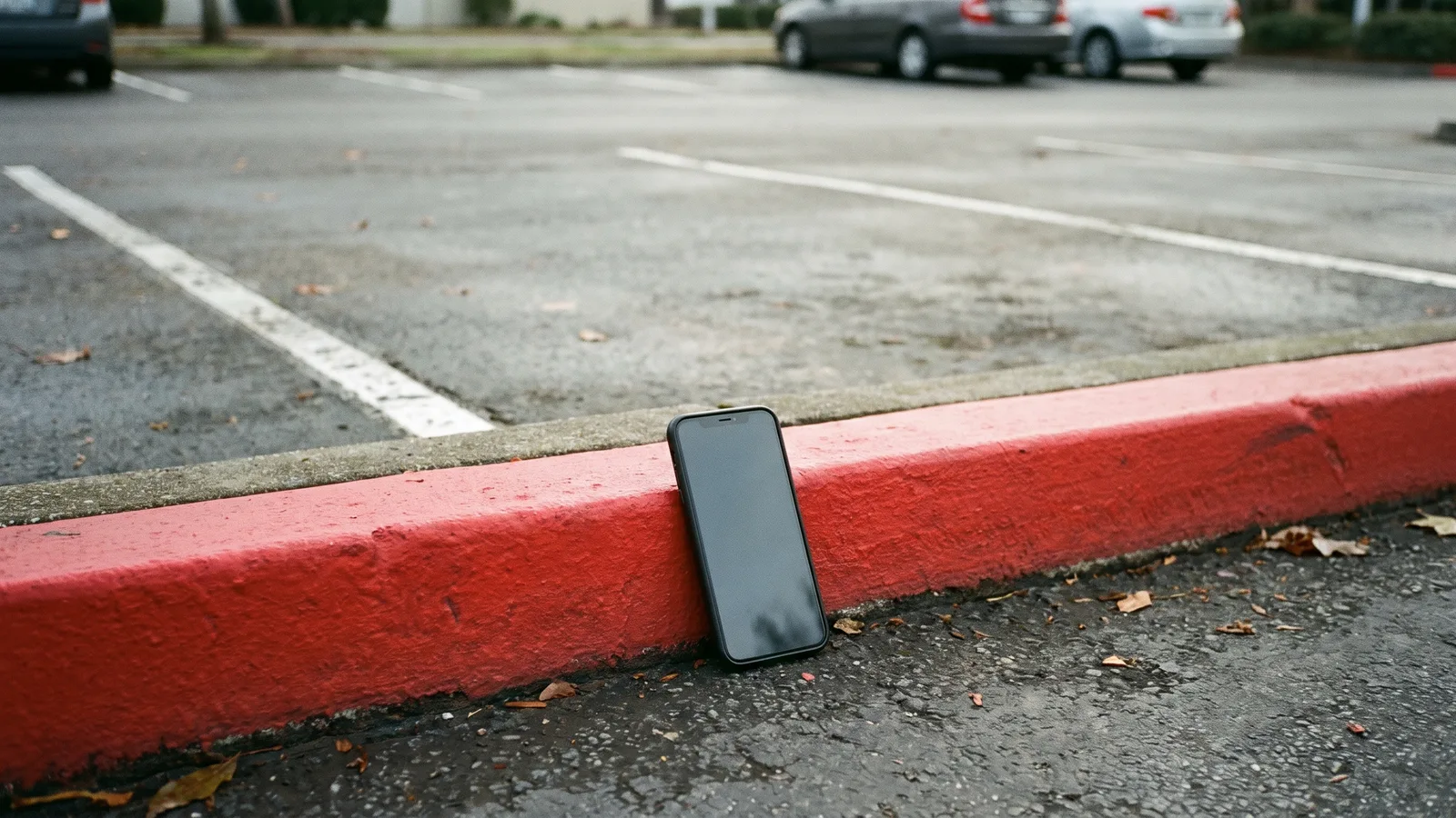 A black smartphone with a blank screen stands upright on a red-painted curb in an almost empty parking lot on an overcast day, an empty parking space waiting behind it